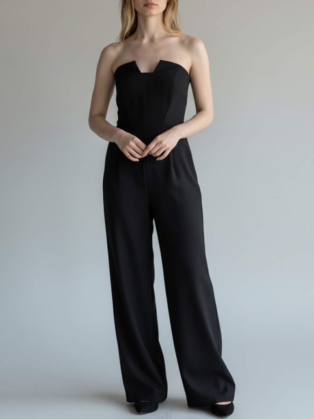 Adelyn Rae Black Strapless Jumpsuit Size Large Pleated Bodice Straight Wide Leg